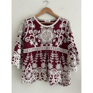 Kindred Burgundy Embroidered Blouse Top Bell Sleeve Small Boho Feminine Festival